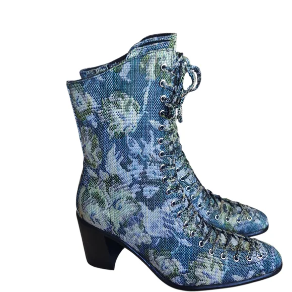 Jeffrey Campbell Hastings Blue Green Floral Tapestry Victorian Boots Lace Up - Picture 3 of 16